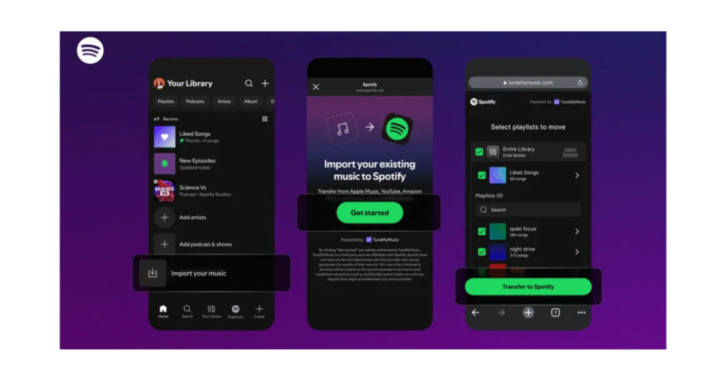 Visuel de Spotify présentant l’importation de playlists via TuneMyMusic.