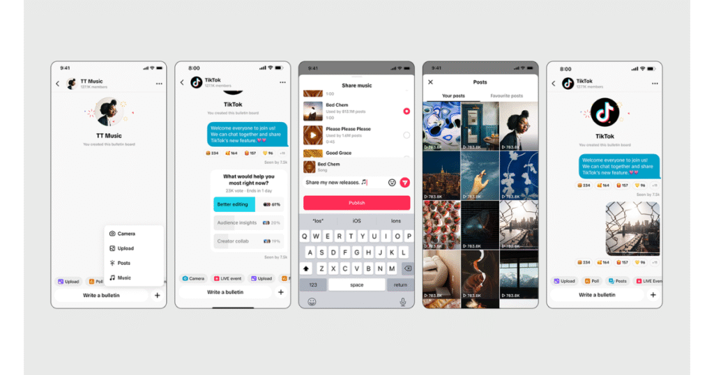 Illustration des Bulletin Boards de TikTok, un espace de diffusion inspiré des Channels d’Instagram.