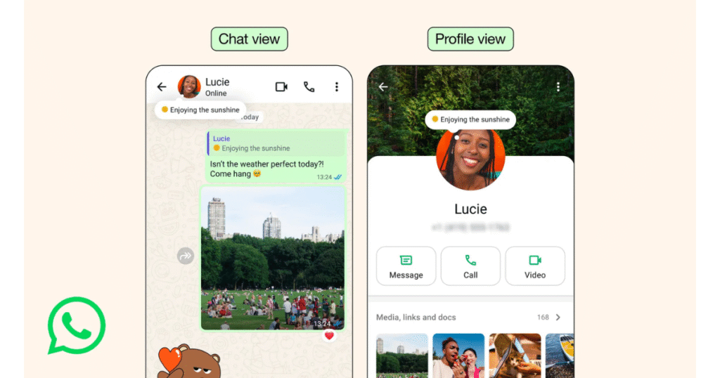 Image illustrant les Notes de WhatsApp affichées sur un profil, représentant la nouvelle fonctionnalité inspirée d’Instagram.
