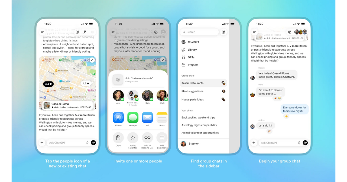 Capture conceptuelle des Group Chats de ChatGPT réunissant plusieurs utilisateurs et l’IA.