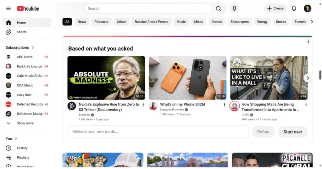 Capture d’écran des options de personnalisation du feed YouTube, innovation marketing digital pour diffusion ciblée.