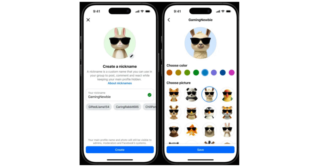 Interface Facebook montrant l’option pour publier avec un pseudo et une photo alternative dans un groupe, exemple d’innovation marketing digital.